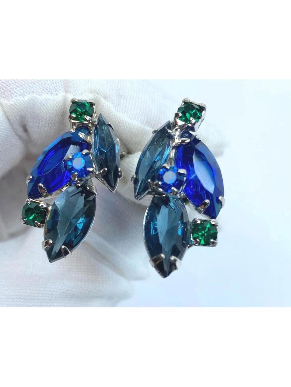 Schreiner multi-colored large clip Earrings, Unsigned, Stunning, Blue Stone